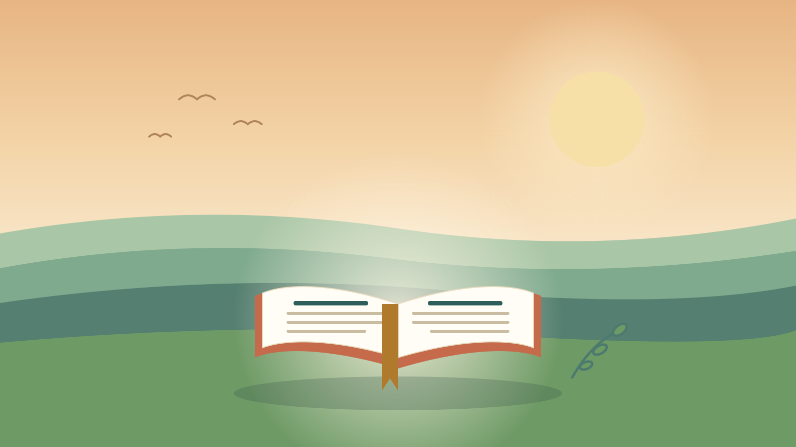 An open Scripture booklet resting in a calm sunrise landscape